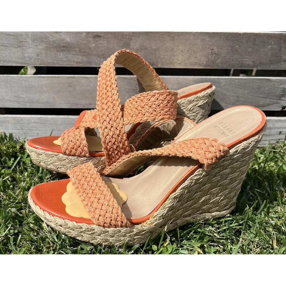 Stuart Weitzman Shoes Womens Size 10 Orange Woven Espadrille Wedge Sandals 39111